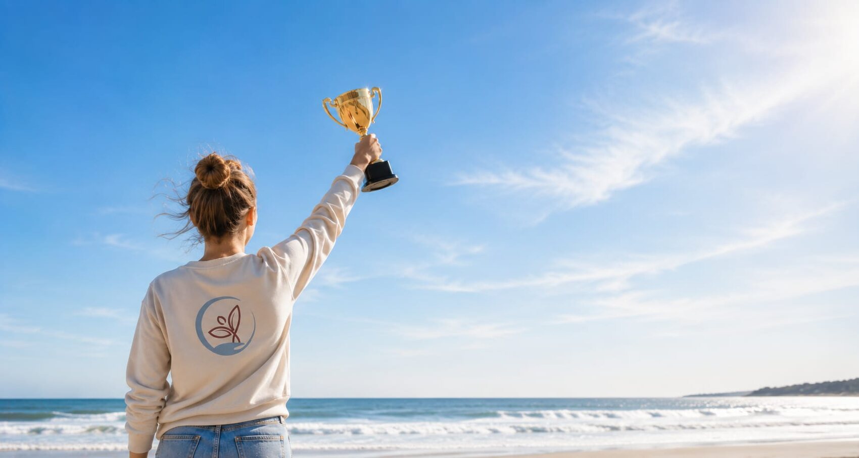 Mitarbeiterin mit Pokal am Strand
