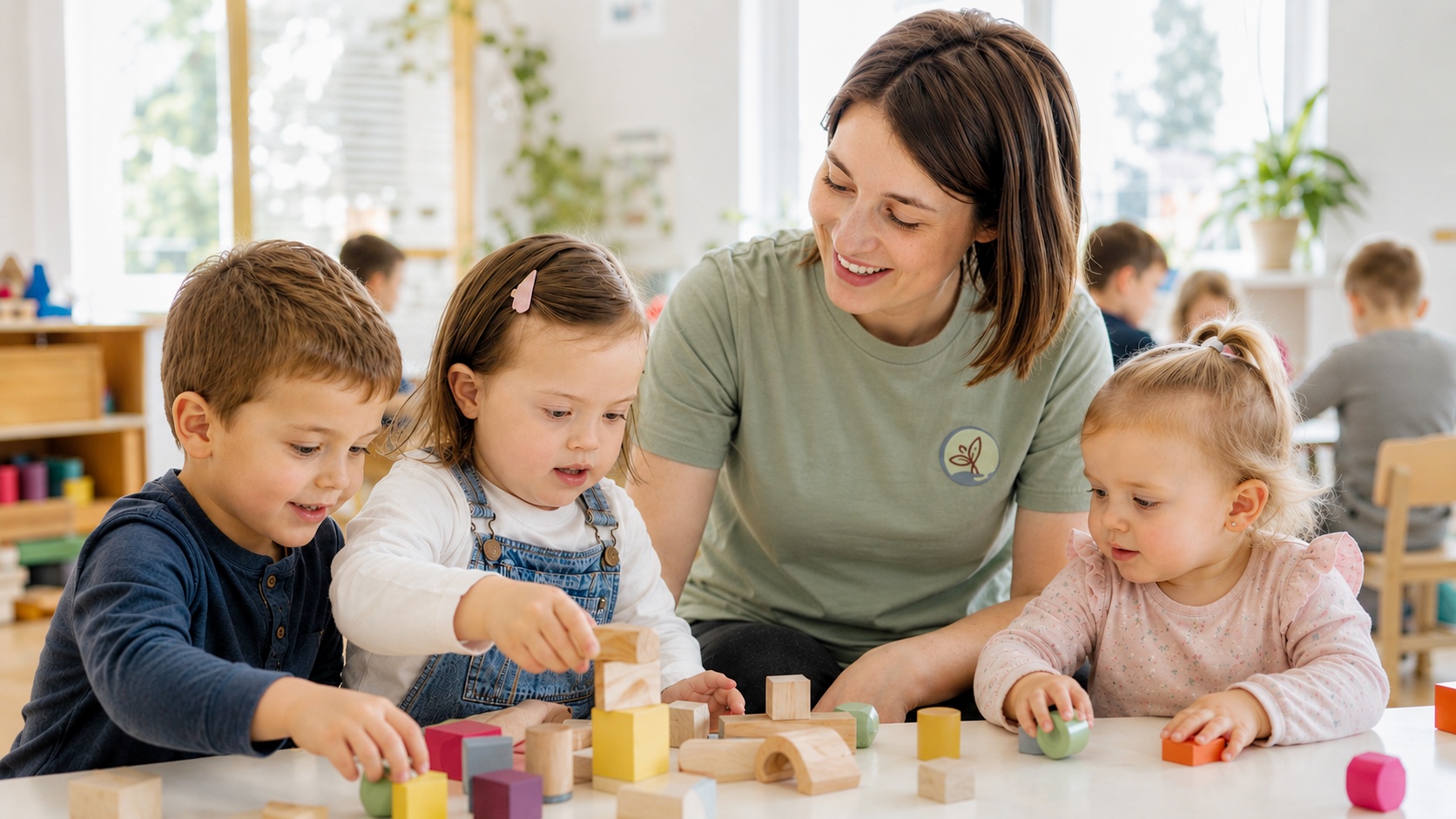 Kita-Assistenz – Begleiterin lacht herzlich mit zwei Kleinkindern